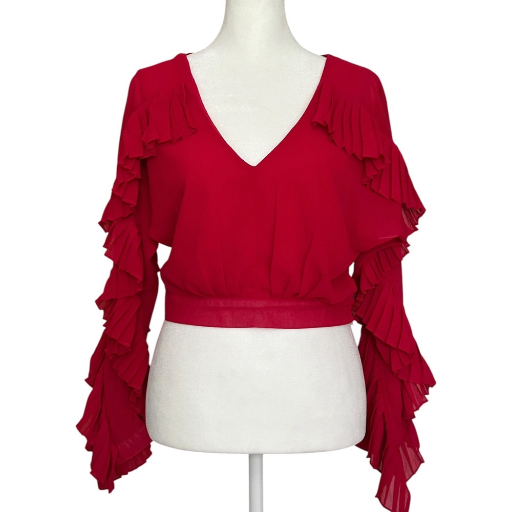 Akira Ruffle Sleeve Crop Top Women Small Red V-Neck Pleated Statement Blouse